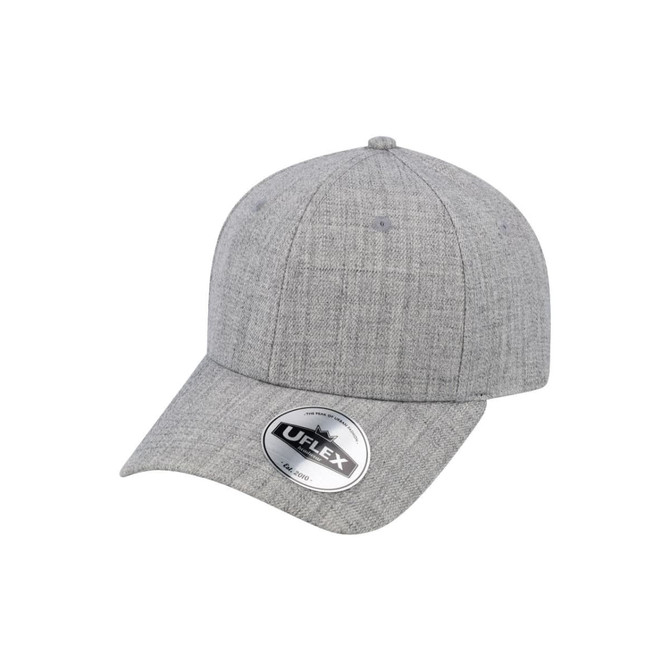 A grey six-panel snapback cap with a textured pattern and a logo on the side.