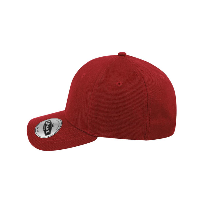 A red snapback cap with a six-panel design and a logo on the side.