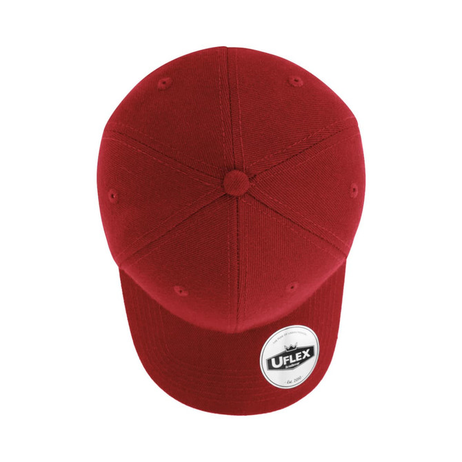 A red UFlex Adults Pro Style 6 Panel Snapback cap featuring a branded logo on the side.