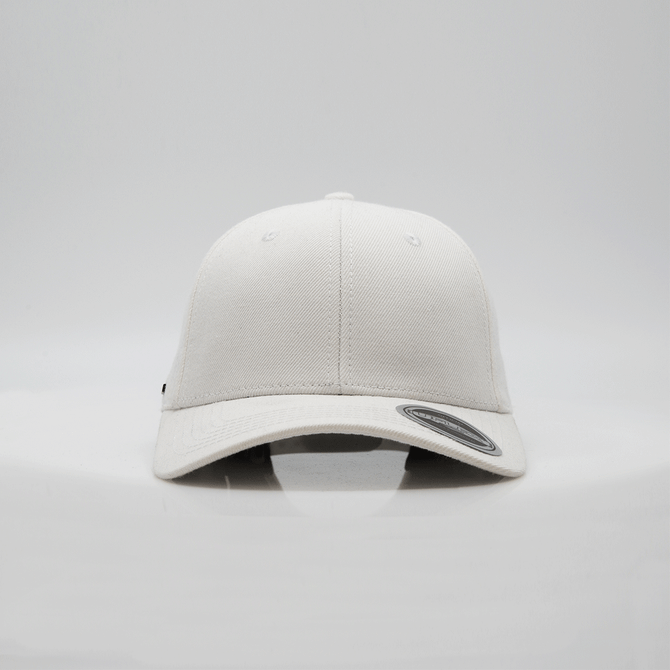 A white snapback cap with a curved brim and a logo on the side. It has six panels and a fitted design.