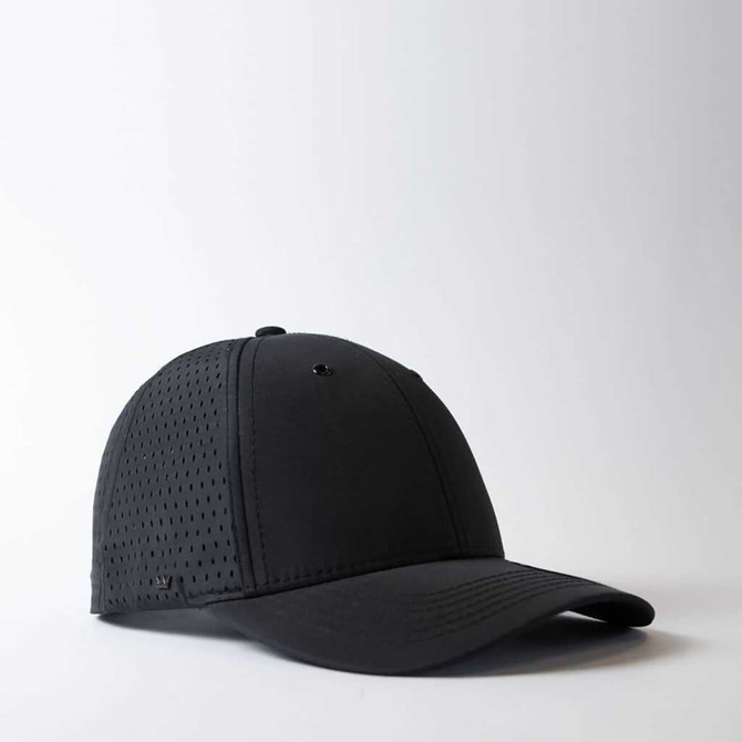 A black curved peak snapback cap featuring a perforated design and a logo.