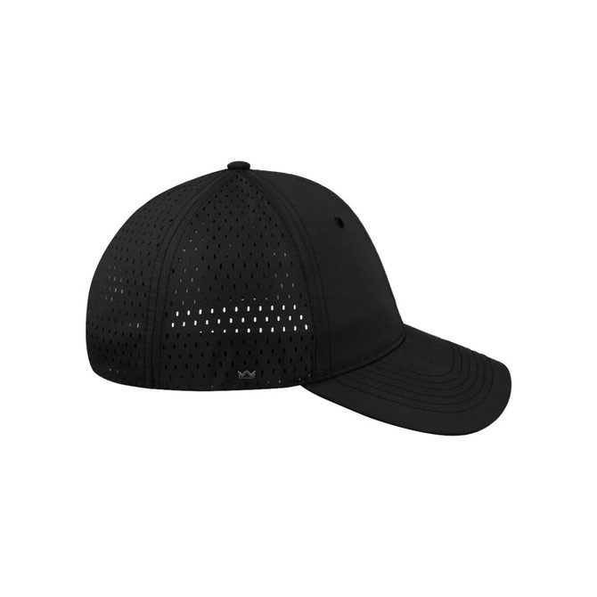 A black high-tech curved peak snapback cap featuring ventilation holes and a branded logo.