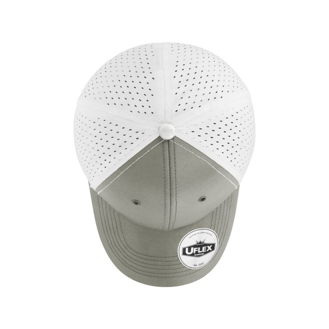 A high-tech snapback cap with a curved peak, featuring a white upper and green underside, and a logo on the side.