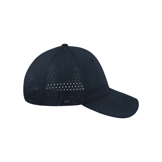 A navy blue snapback cap with a curved peak and perforated detailing, featuring a small logo.