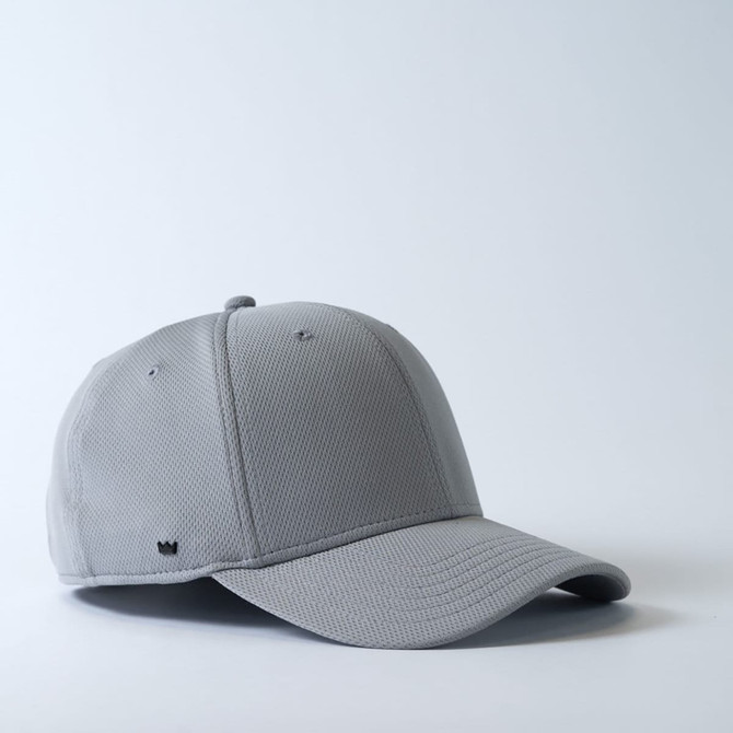 A grey cap made from recycled polyester with a small logo on the side.