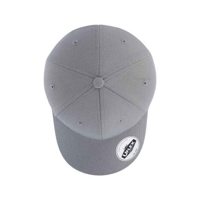 A grey cap with a textured finish and an attached logo on the side.