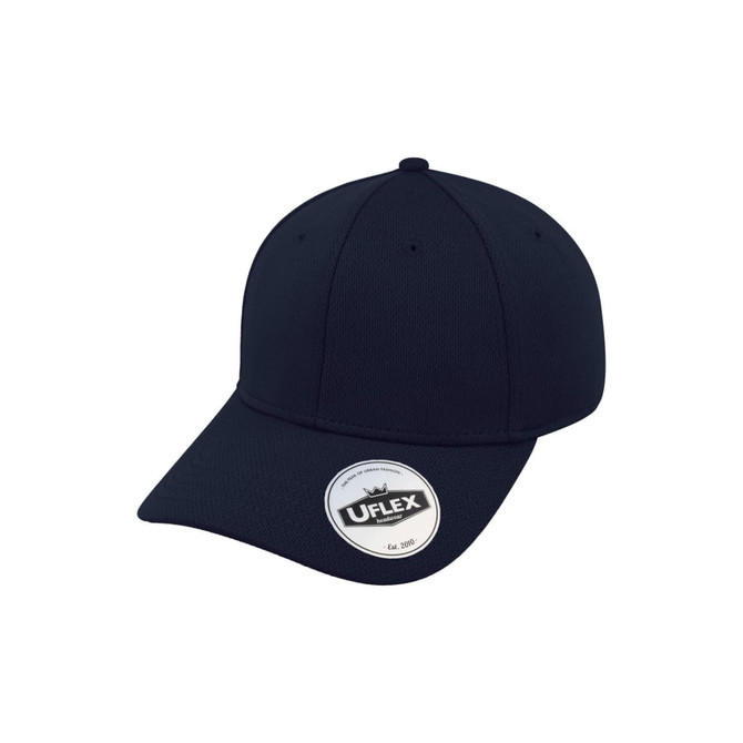 A navy cap made from recycled polyester, featuring a logo on the side.