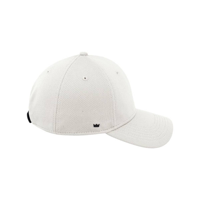 A white cap made from recycled polyester, featuring a logo on the side and a classic baseball style design.