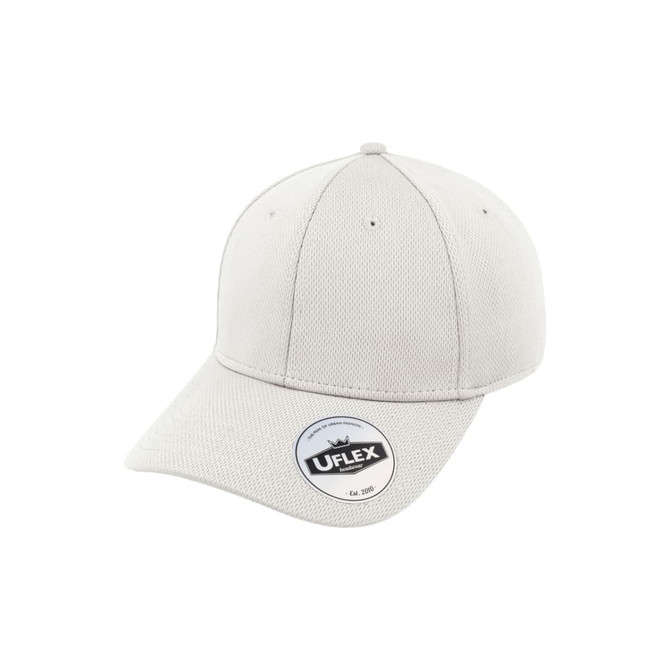 A grey cap with a structured design, featuring a branding logo on the front.
