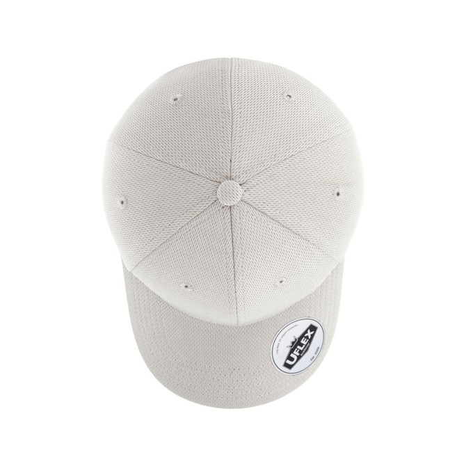 A light grey cap made from recycled polyester, featuring a breathable texture and a logo on the side.
