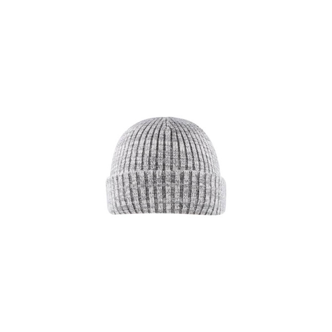 A grey striped beanie with a ribbed texture and a folded cuff, featuring a logo.
