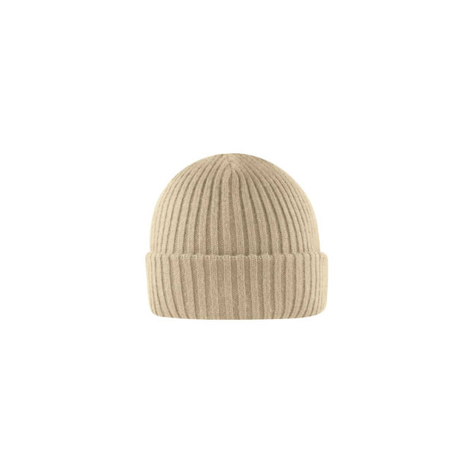 A beige UFlex Fishermans Beanie with a ribbed design and a folded cuff. It features a logo.