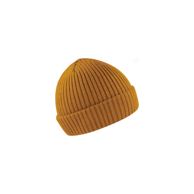 A ribbed beanie in mustard yellow with a folded cuff. It features a small logo.