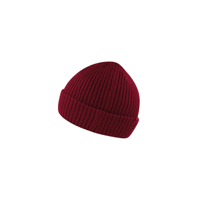 A red ribbed beanie with a folded cuff and a small logo.