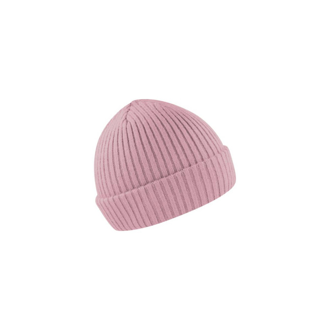 A pink ribbed beanie with a folded cuff and a small logo.