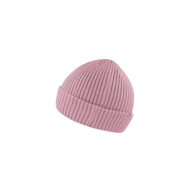 A pink ribbed beanie with a folded cuff, featuring a subtle branding detail.