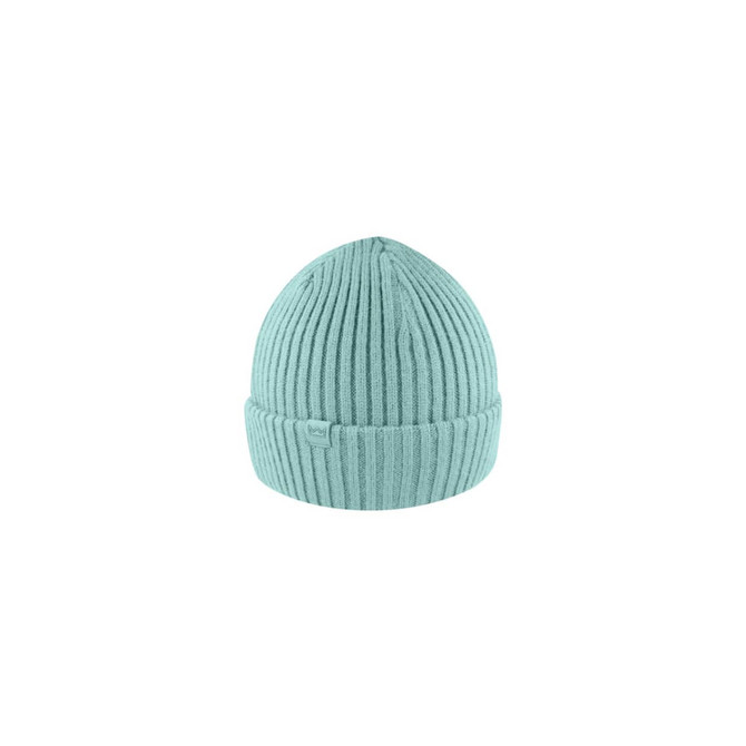 A mint green ribbed beanie with a folded cuff and a small logo.