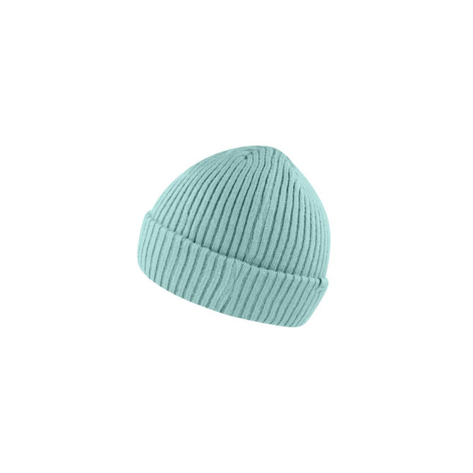 A light blue ribbed beanie with a logo, designed for warmth and style.