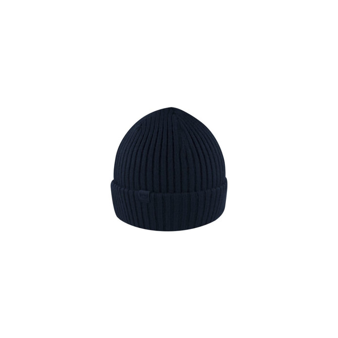 A navy blue ribbed beanie, featuring a fold-over cuff and a small logo. Designed for warmth and comfort.