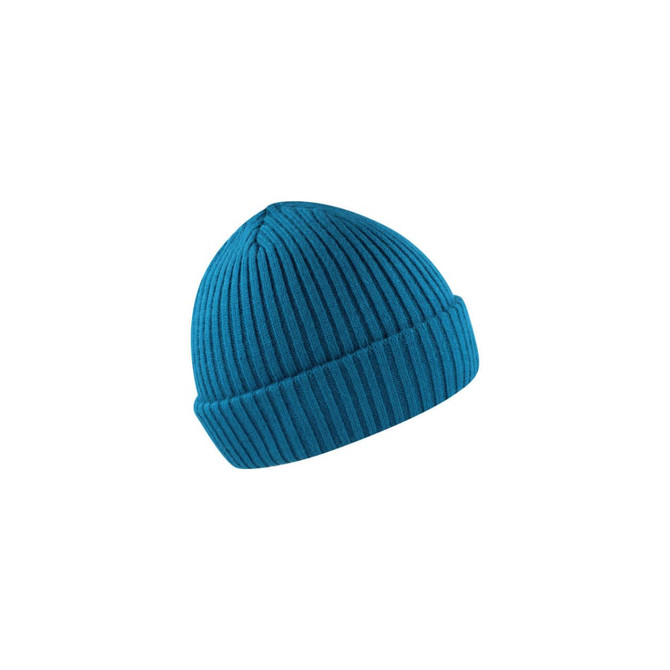 A teal UFlex Fishermans Beanie with a ribbed design and a folded cuff. It features a logo.