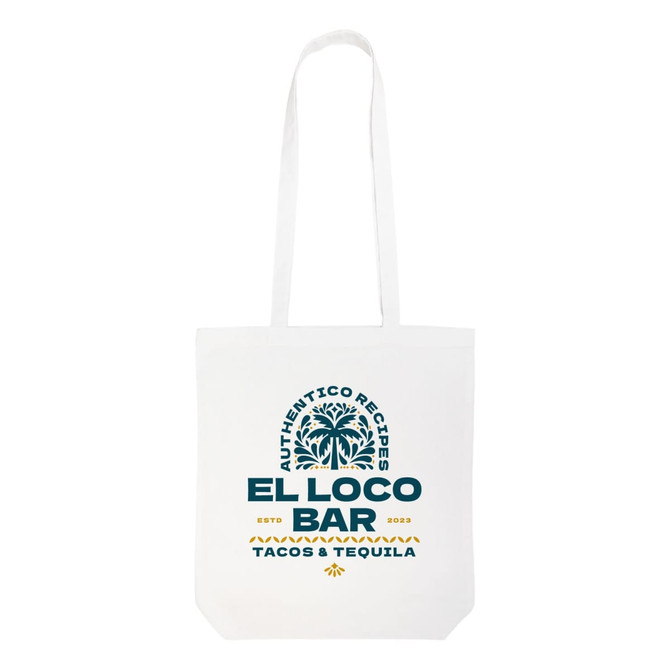 A white coloured cotton tote bag with long handles and a logo featuring text and graphic elements.