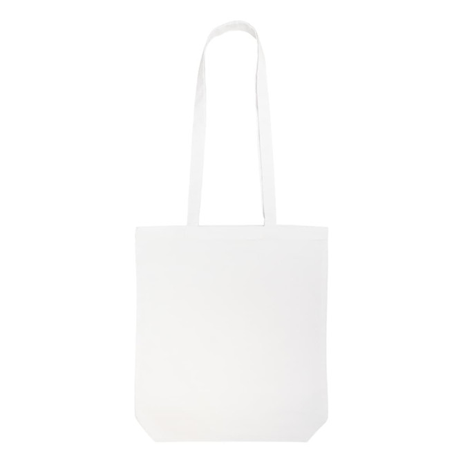 A white cotton tote bag with long handles and a blank surface, featuring a logo.