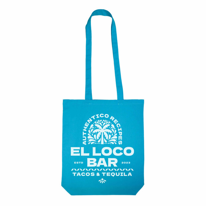 A bright blue tote bag featuring a design with a logo and palm tree graphics. Suitable for various carrying needs.
