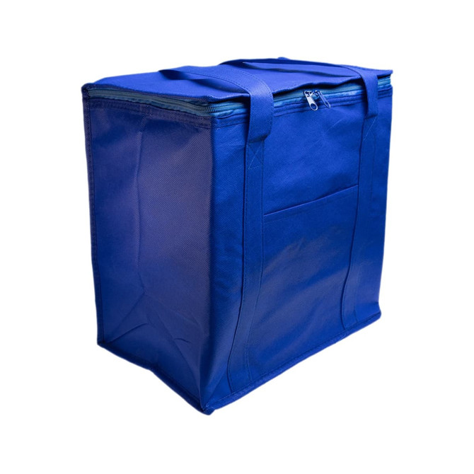 A blue cooler bag with a zip closure and sturdy handles. It features a side pocket and has a logo.