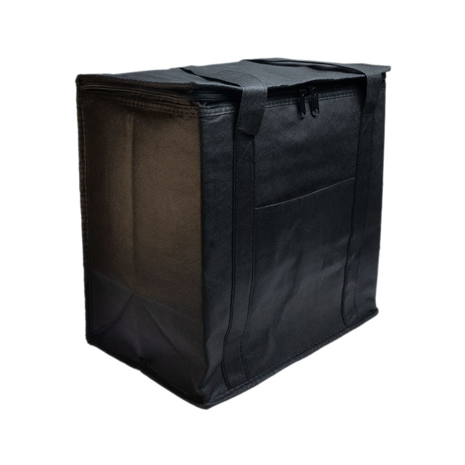 A black cooler bag with a sturdy design, featuring handles and a zip closure. It has a side pocket and a branded logo.