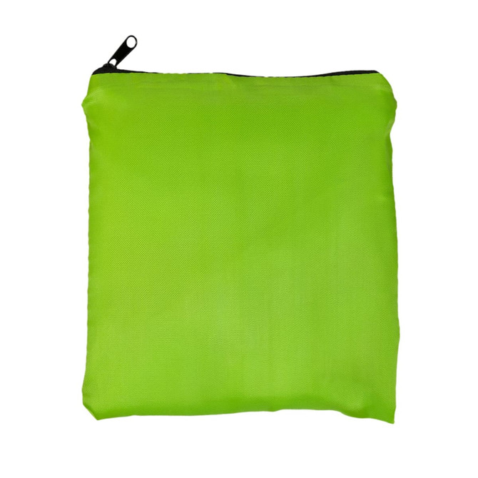 A vibrant green drawstring backpack featuring a black zipper and a simple design. It also has a logo.
