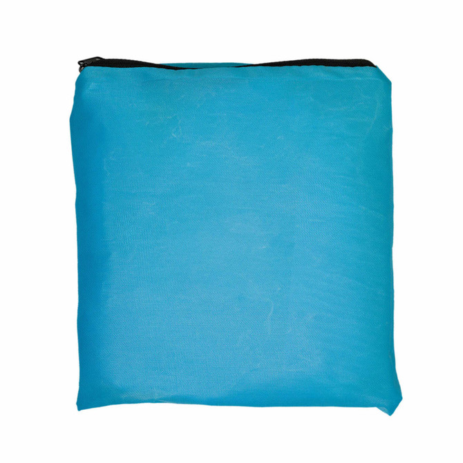 A blue Pronto Drawstring Backpack with a black zip at the top and a simple design. It has a logo on the front.