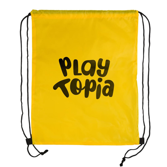 A yellow drawstring backpack featuring a black logo. Designed for easy carrying and lightweight use.