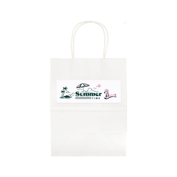 A medium white paper bag with handles, featuring a summer-themed design and a logo.