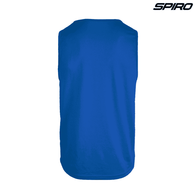 A blue performance singlet featuring a back design and a logo at the top right corner.