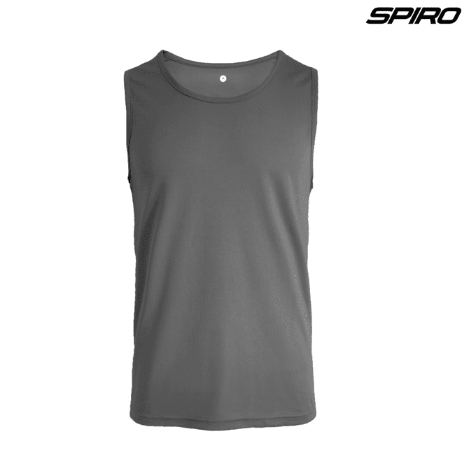 A grey singlet featuring a round neck and a logo on the upper right corner.