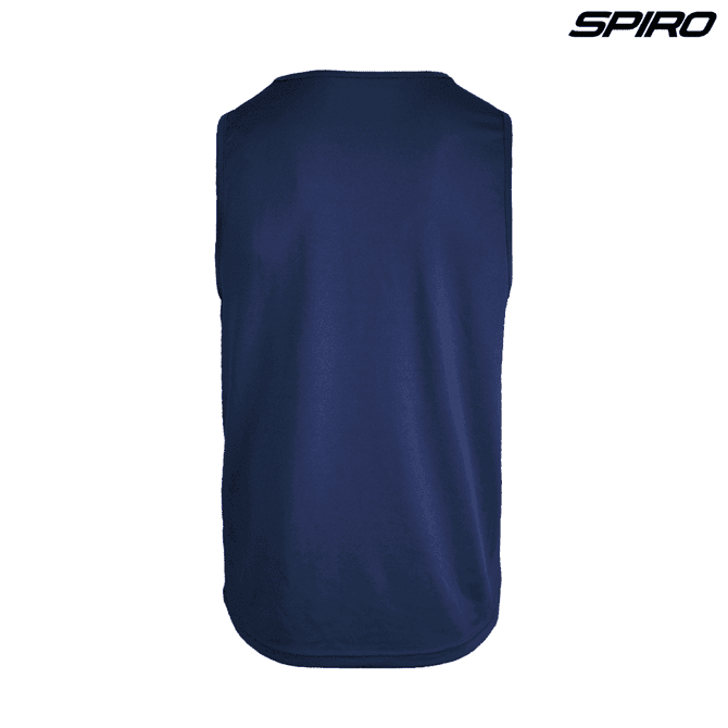 A performance singlet in navy blue with a rounded hem and a logo at the top right corner.