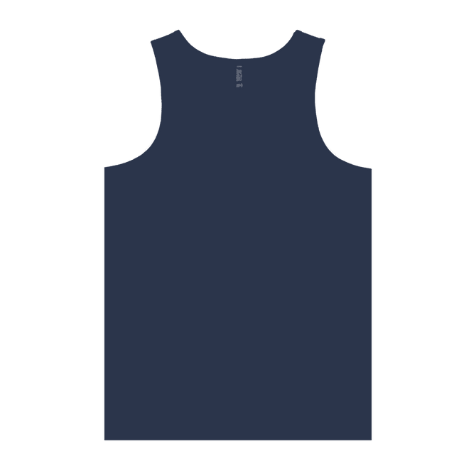 A navy blue adult singlet featuring a simple design and a logo.