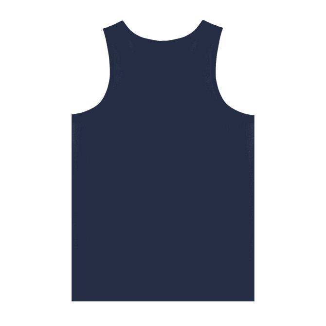 A navy blue adult singlet with a simple design and a logo on the front.