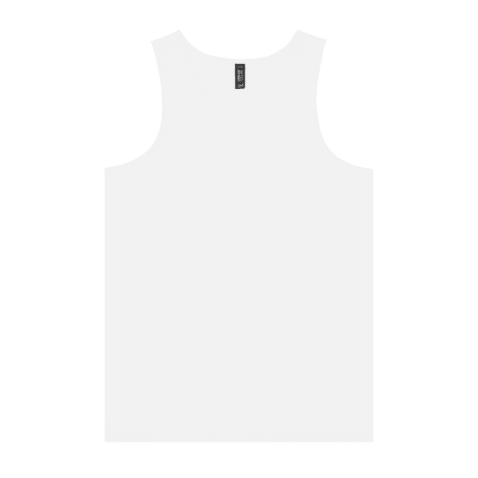 A white adult singlet featuring a branding label, designed for casual wear.