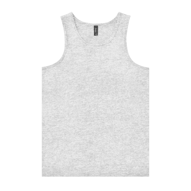 A light grey adult singlet with a round neckline and a logo tag. Suitable for casual wear.