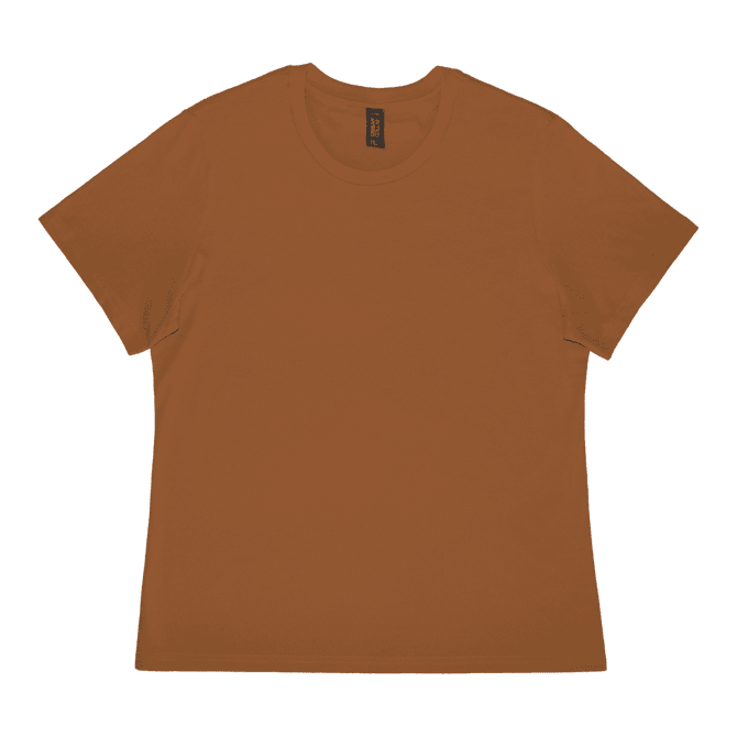 An orange ladies' t-shirt with a crew neckline and short sleeves, featuring a logo on the label.