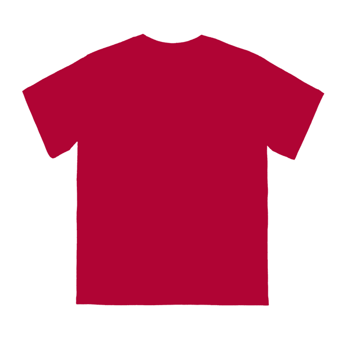 A red youth tee featuring a simple design and a logo on the back. Suitable for casual wear.