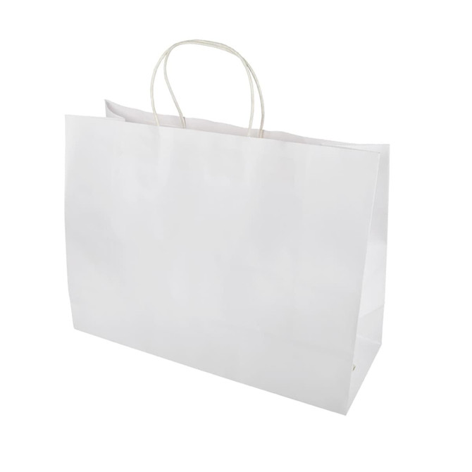 A large white paper bag with sturdy handles and a smooth finish, featuring a brand logo.
