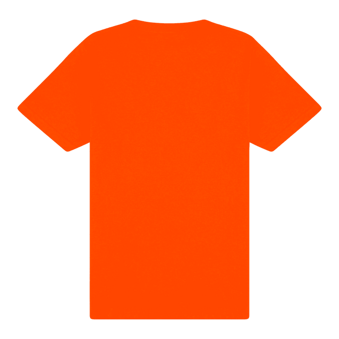 An orange midweight youth T-shirt with short sleeves, featuring a blank back and a logo.