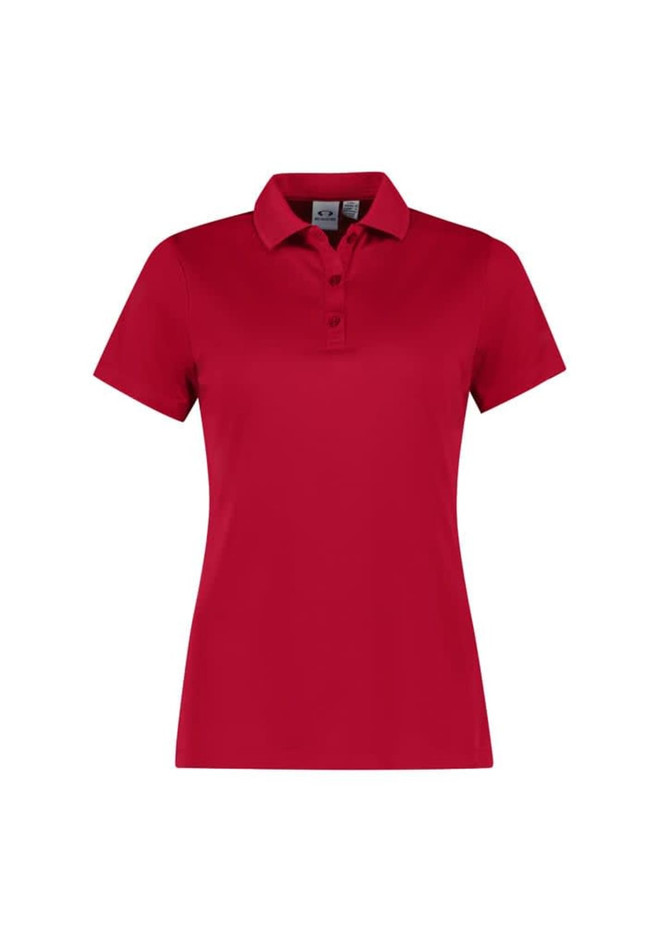A red women’s short sleeve polo shirt with a collar and buttons, featuring a logo on the chest.