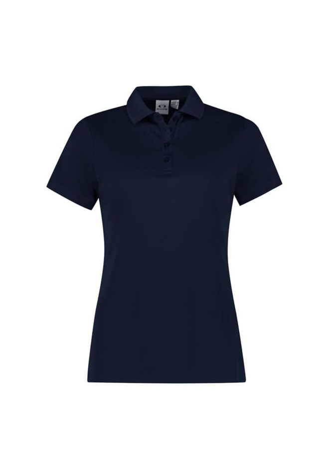 A navy blue women's short sleeve polo shirt featuring a collar and a logo.