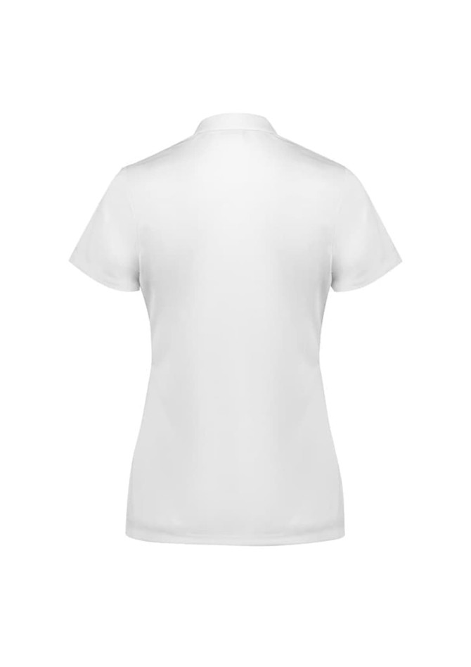 A white women's short sleeve polo shirt with a standard collar and a logo on the back.