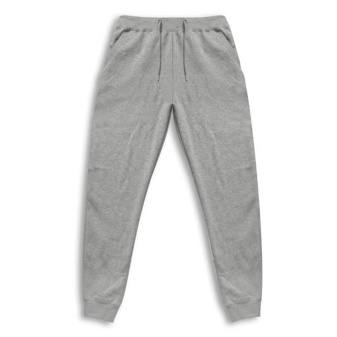 A pair of grey unisex sweatpants with an elastic waistband and pockets, featuring a logo on the waistband.