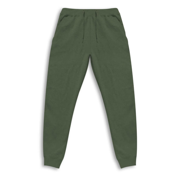 Olive green unisex sweatpants with an elastic waistband and side pockets, featuring a logo.
