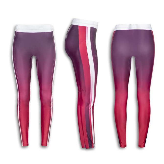 Custom women's athletic leggings featuring a gradient design with shades of purple and pink, and a white waistband.